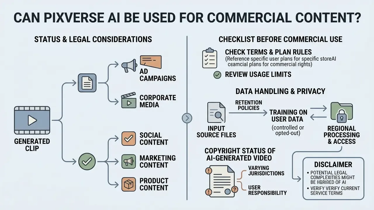Infographic outlining legal considerations, data privacy, and copyright rules for commercial video usage