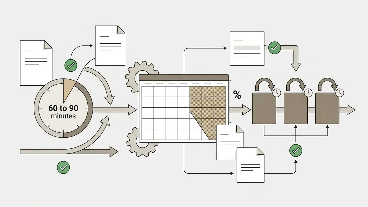 Clock with buffer time, calendar grid with percentage blocks, and recurring focus tasks with checkmarks