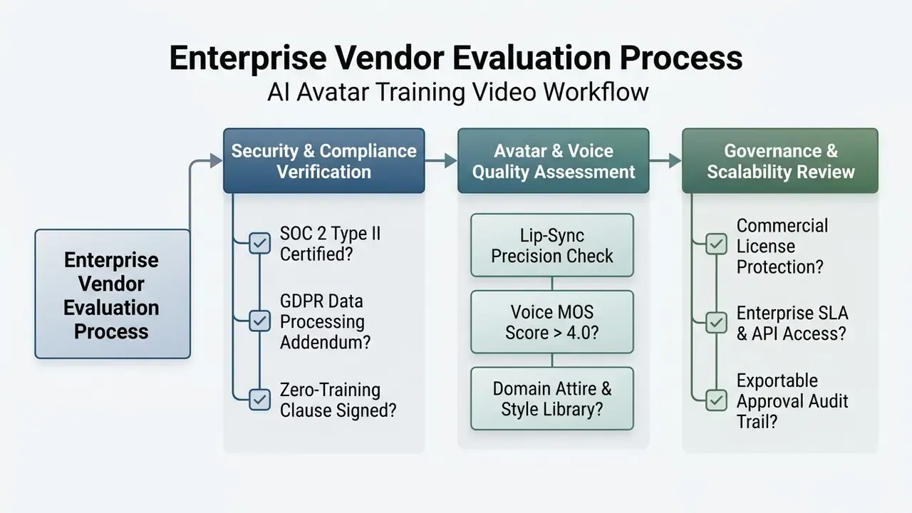 Three-stage checklist for evaluating AI video vendors covering security, voice quality, and governance