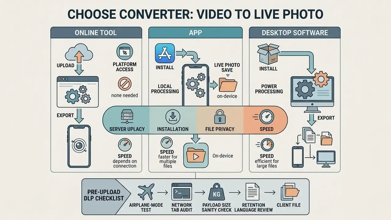 Infographic comparing online tools, mobile apps, and desktop software for converting video to live photo