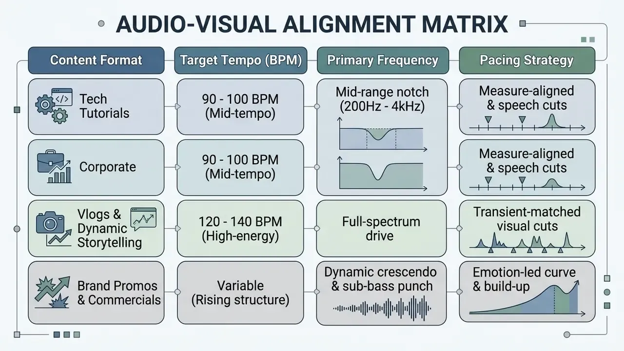 Matrix table mapping video content types to recommended audio tempo, frequency ranges, and editing pacing