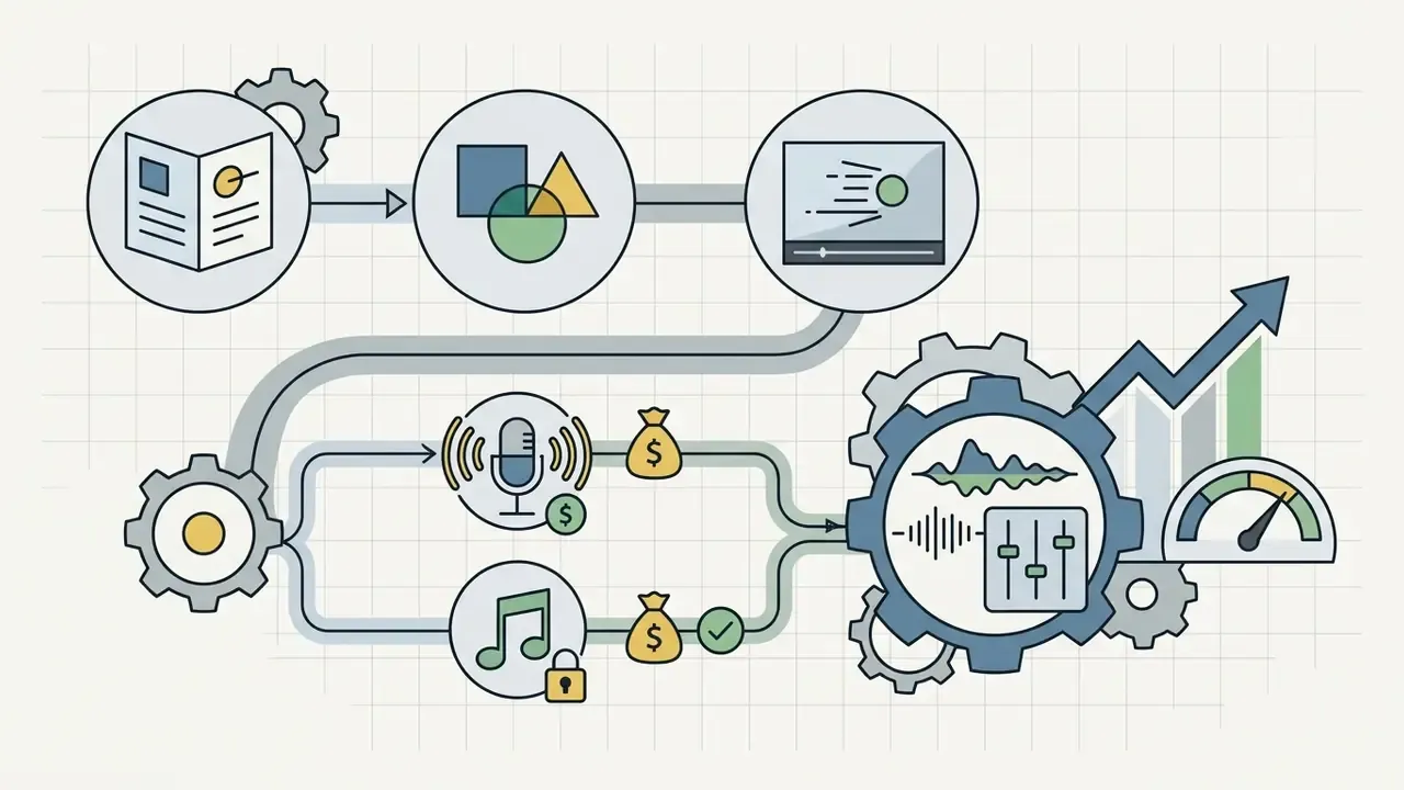 Script and design elements flowing through voice and music licensing into audio mixing and performance metrics