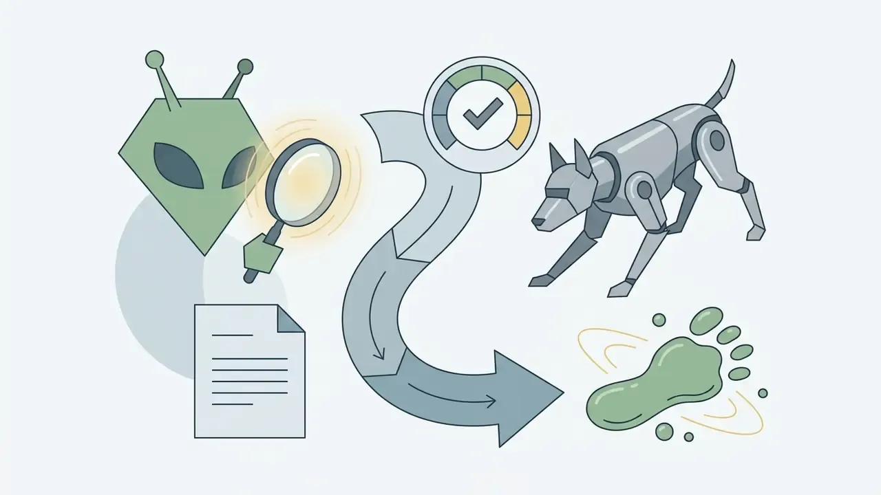 Green alien detective with a magnifying glass and a metallic robotic dog investigating a slime footprint