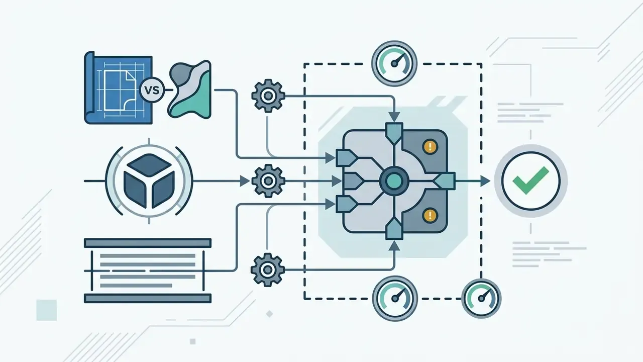 Blueprint and cube icons feeding into a central gear mechanism with performance gauges and a checkmark