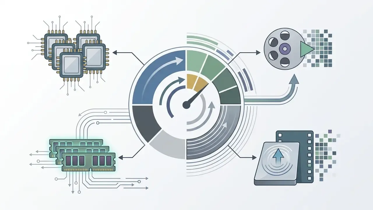 Central speedometer gauge connected to CPU and RAM modules processing digital video and storage data