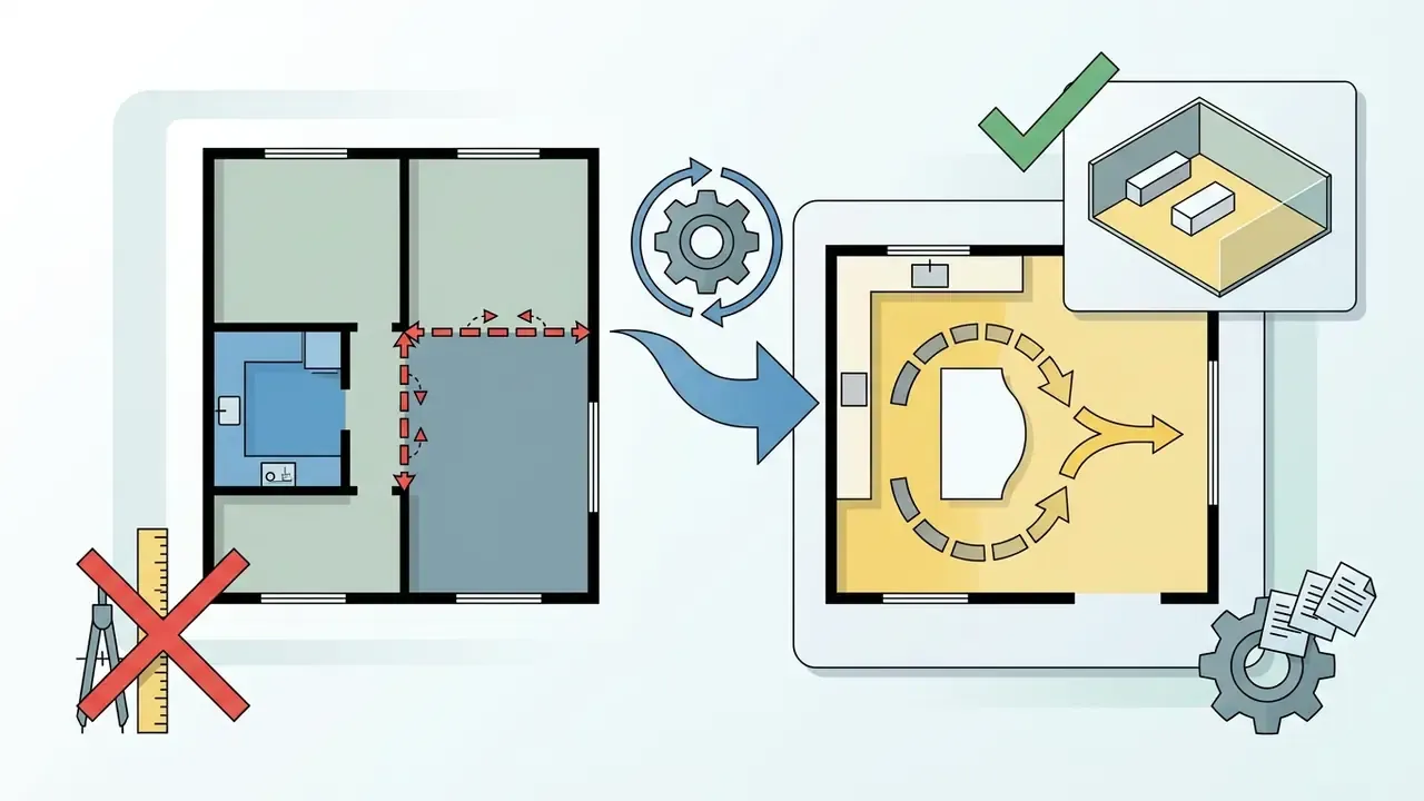 Floor plan transformation showing wall removal to create an open kitchen layout with 3D visualization