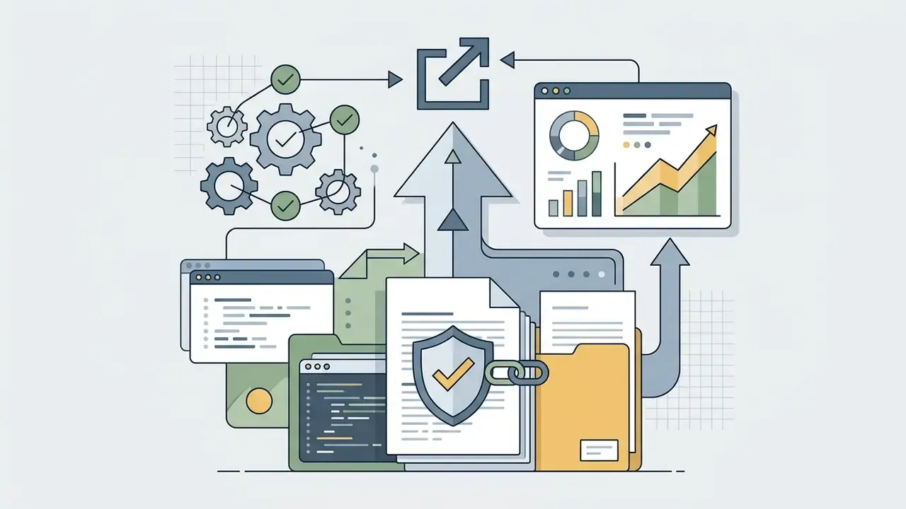 Interconnected gears, code windows, and protected documents feeding into data analytics and export icons