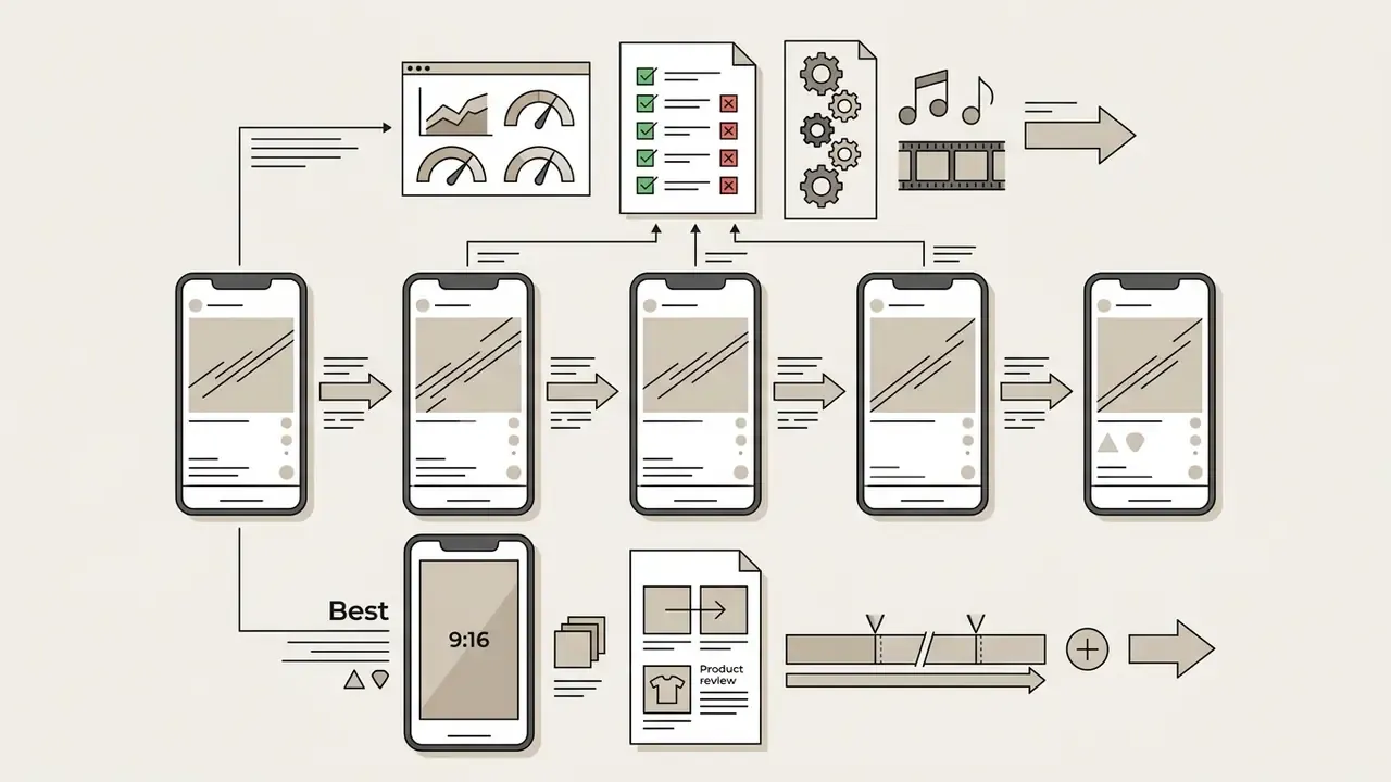 Sequence of mobile screens showing video editing workflows for Reels, product reviews, and comparisons