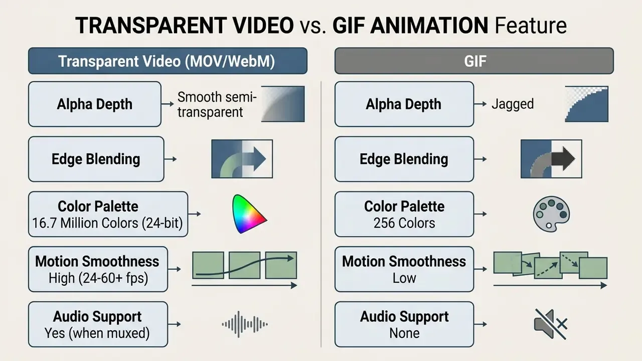 Side by side comparison table highlighting technical differences between transparent video and GIF formats