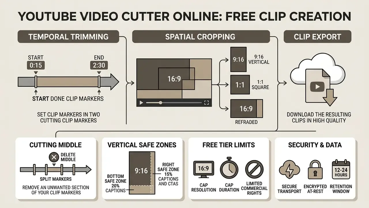 Infographic showing steps for a YouTube video cutter online including trimming, cropping, and exporting