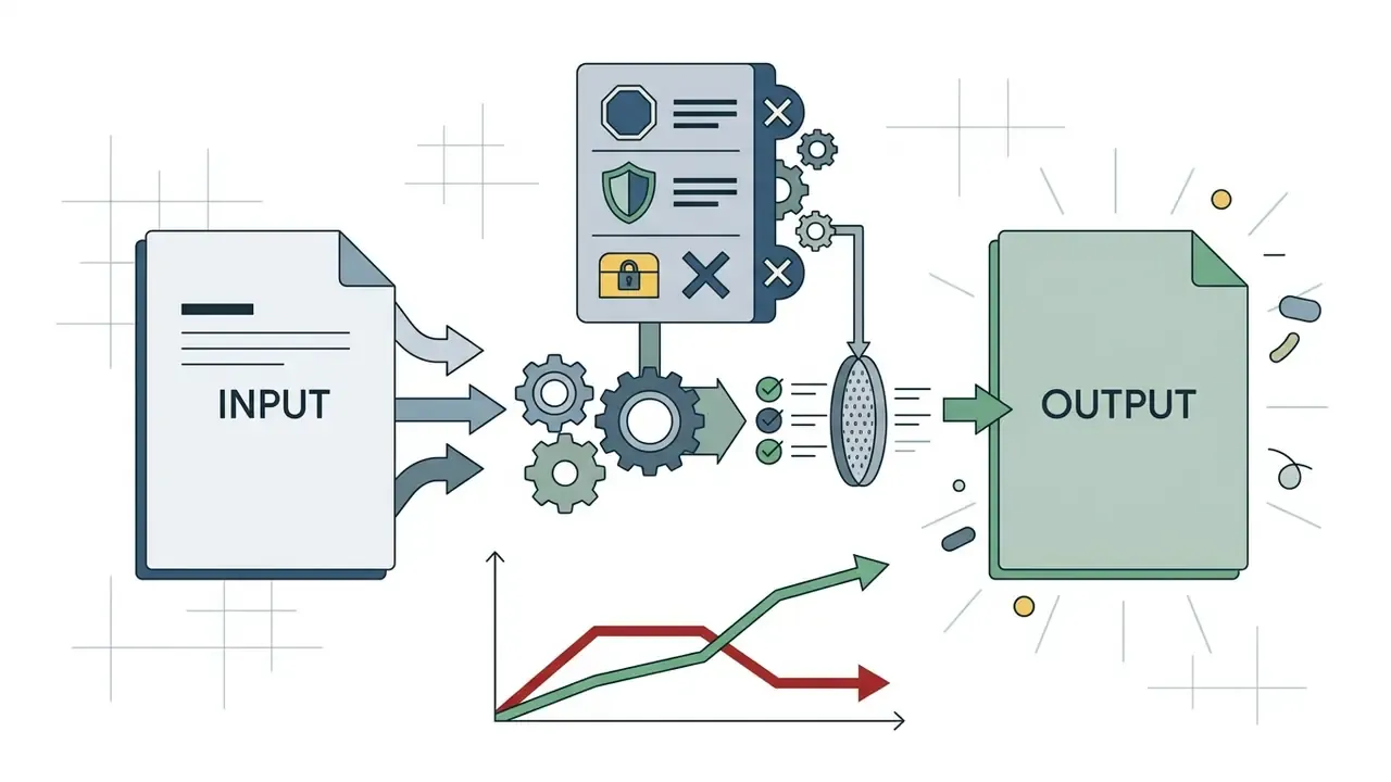 Document input flowing through gears and a control panel to reach a finalized output document