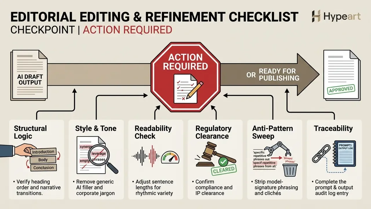 Six-step editorial review process for refining draft documents before final approval