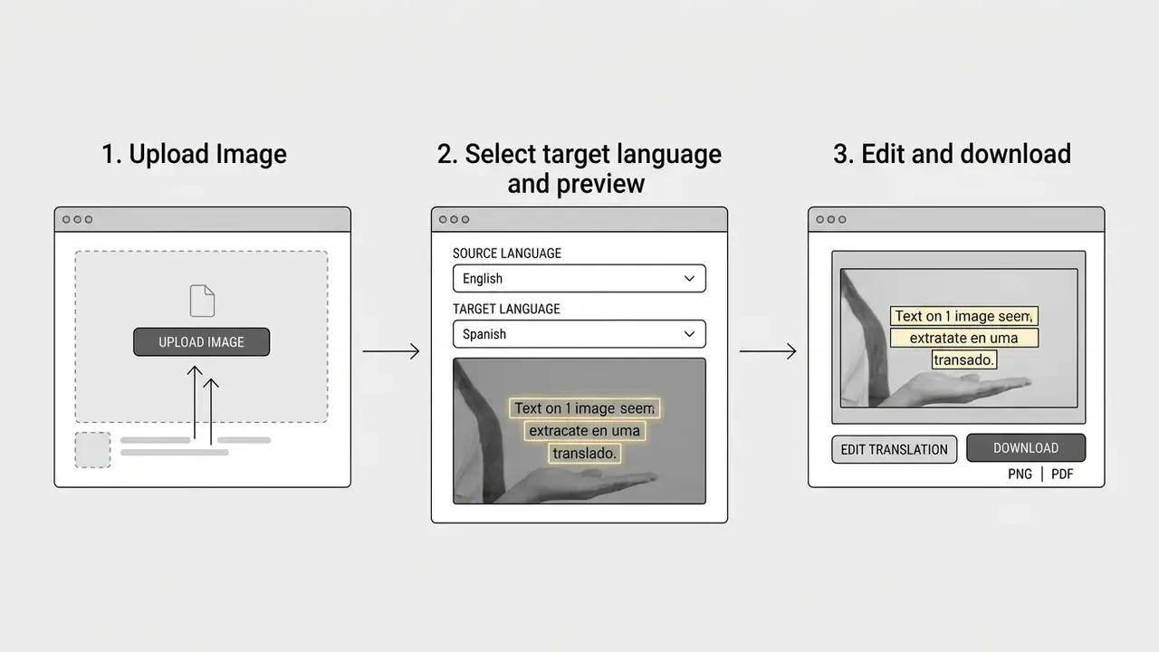 Three-step sequence showing an image upload, language selection, and final file editing and download