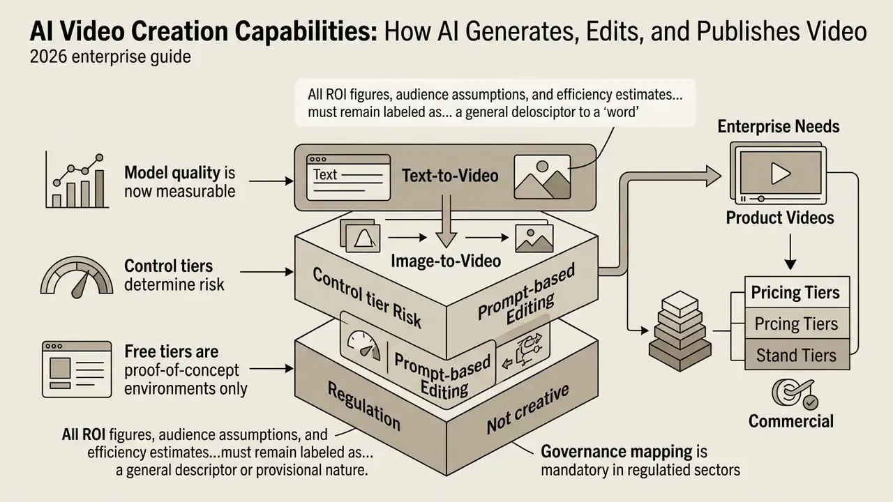 Three-tiered stack diagram illustrating AI video creation capabilities and governance requirements