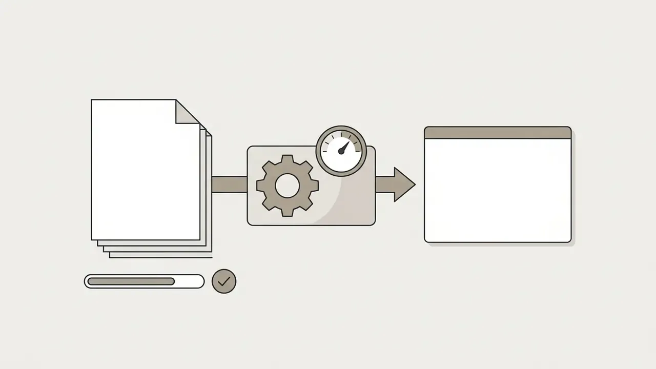 Stacked documents feeding into a gear and gauge mechanism that outputs to a blank windowed interface