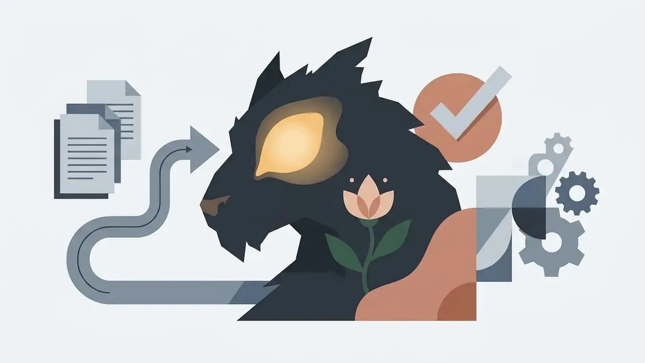 Dark beast silhouette with glowing eye, a flower, document icons, and gears connected by a flow path