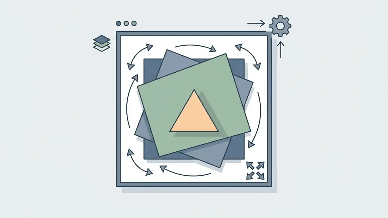 Square canvas showing layered geometric shapes with rotation arrows and adjustment icons