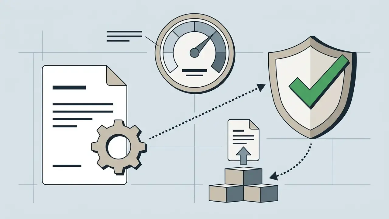 Document with a gear icon connecting to a shield with a checkmark and a stack of boxes
