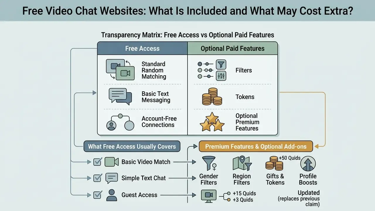 Transparency matrix comparing free access features against optional paid upgrades for video chat with strangers