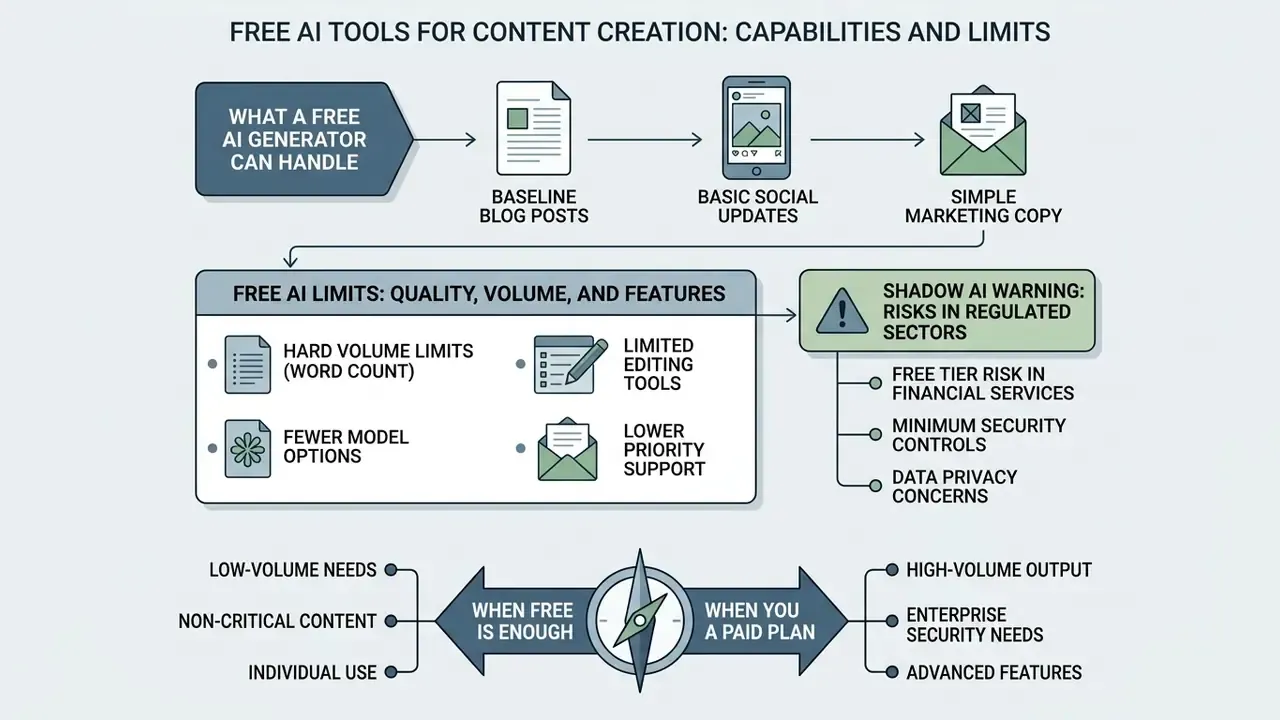 Flowchart outlining the functional scope, usage risks, and decision criteria for free generative software