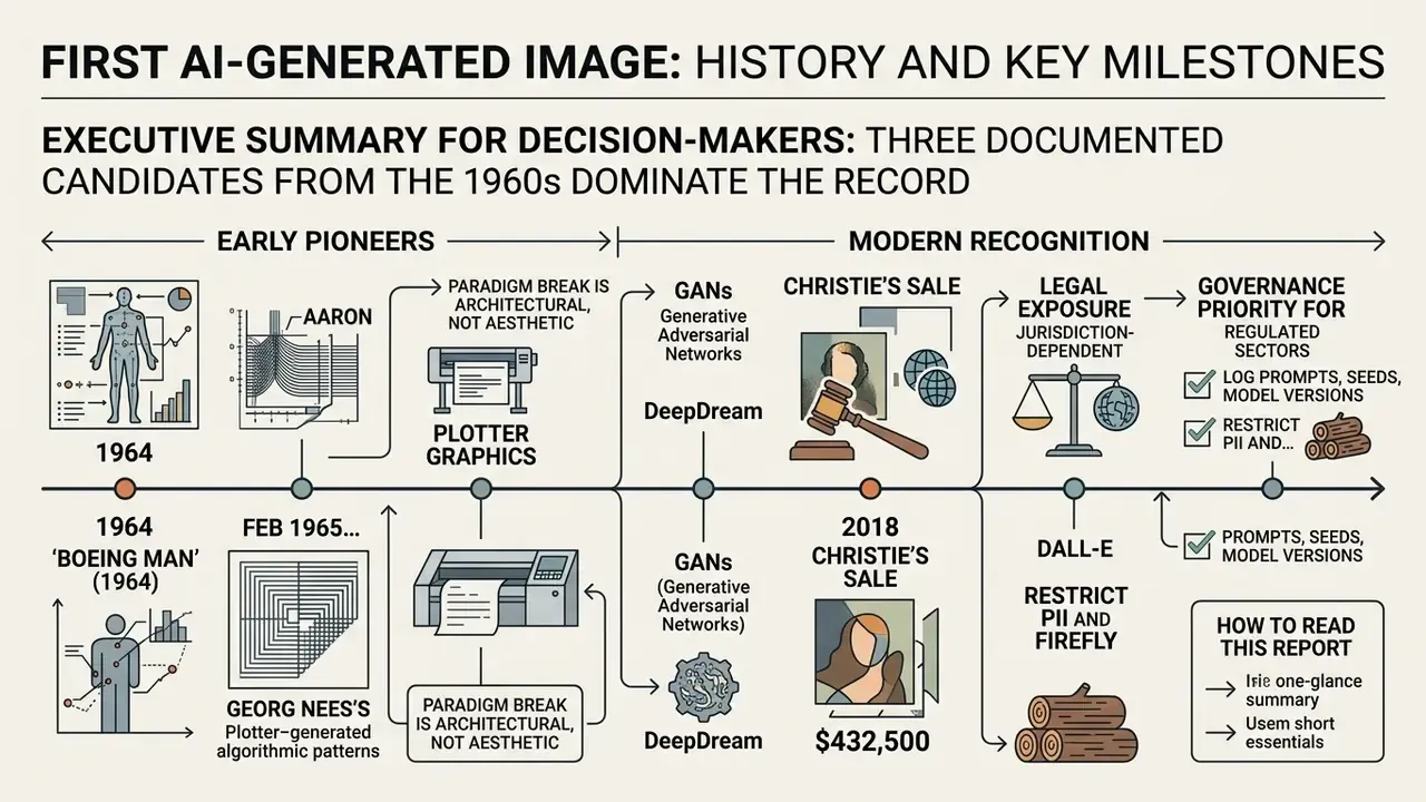 Timeline infographic showing the history of AI images from 1960s pioneers to modern governance priorities