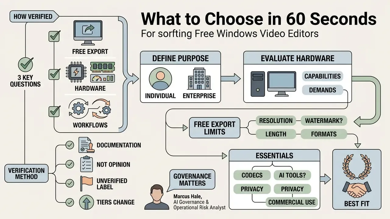 Flowchart outlining the process for selecting a Windows video editor based on hardware and export limits