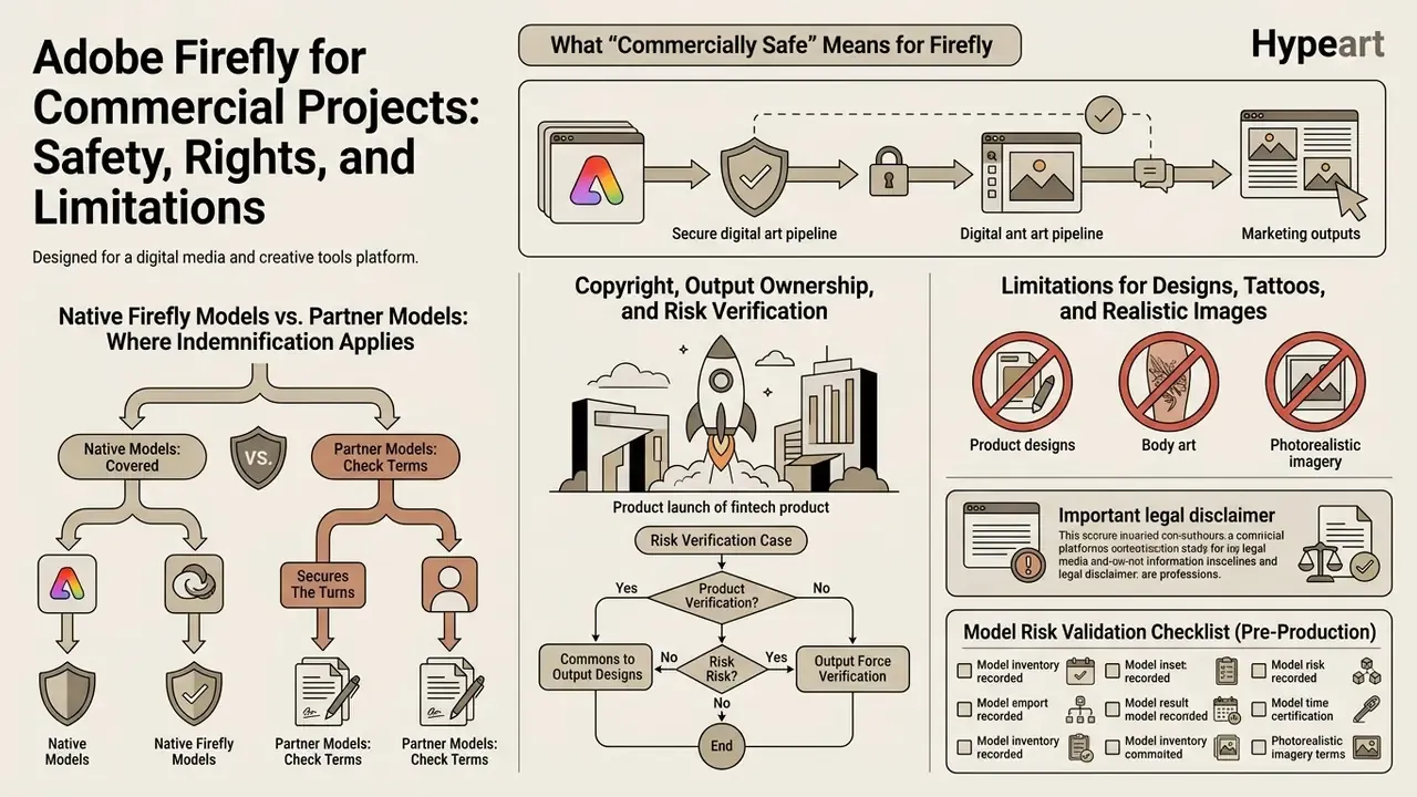 Infographic outlining commercial safety, model indemnification, and risk verification for Adobe Firefly