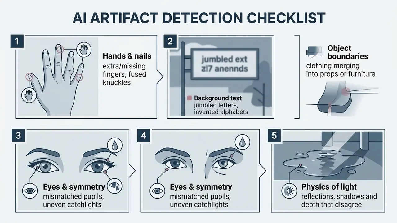 Five-point infographic highlighting common visual errors in AI generated images like hands and reflections