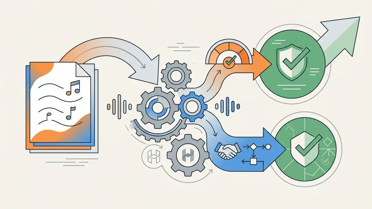 Musical score documents processed by gears into verified licensing agreements and compliant audio output