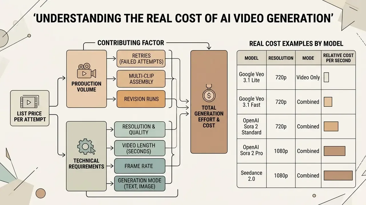 Diagram mapping production factors and technical requirements to the total cost of AI video generation