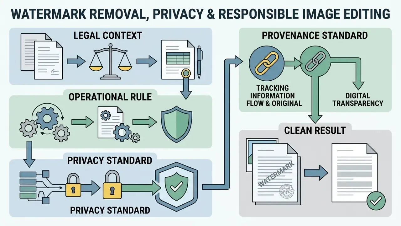 Diagram outlining legal, operational, privacy, and provenance standards for responsible image editing