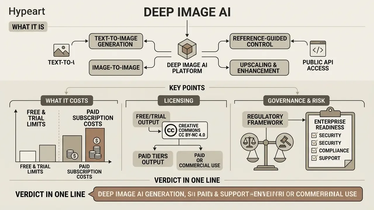 Infographic summarizing Deep Image AI features, costs, licensing, and enterprise readiness