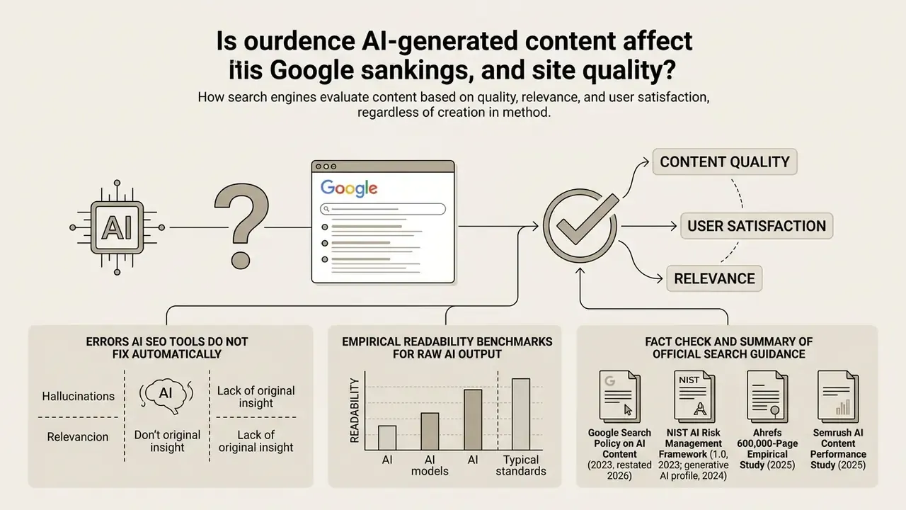 Diagram showing how search engines evaluate content quality through benchmarks and official guidance