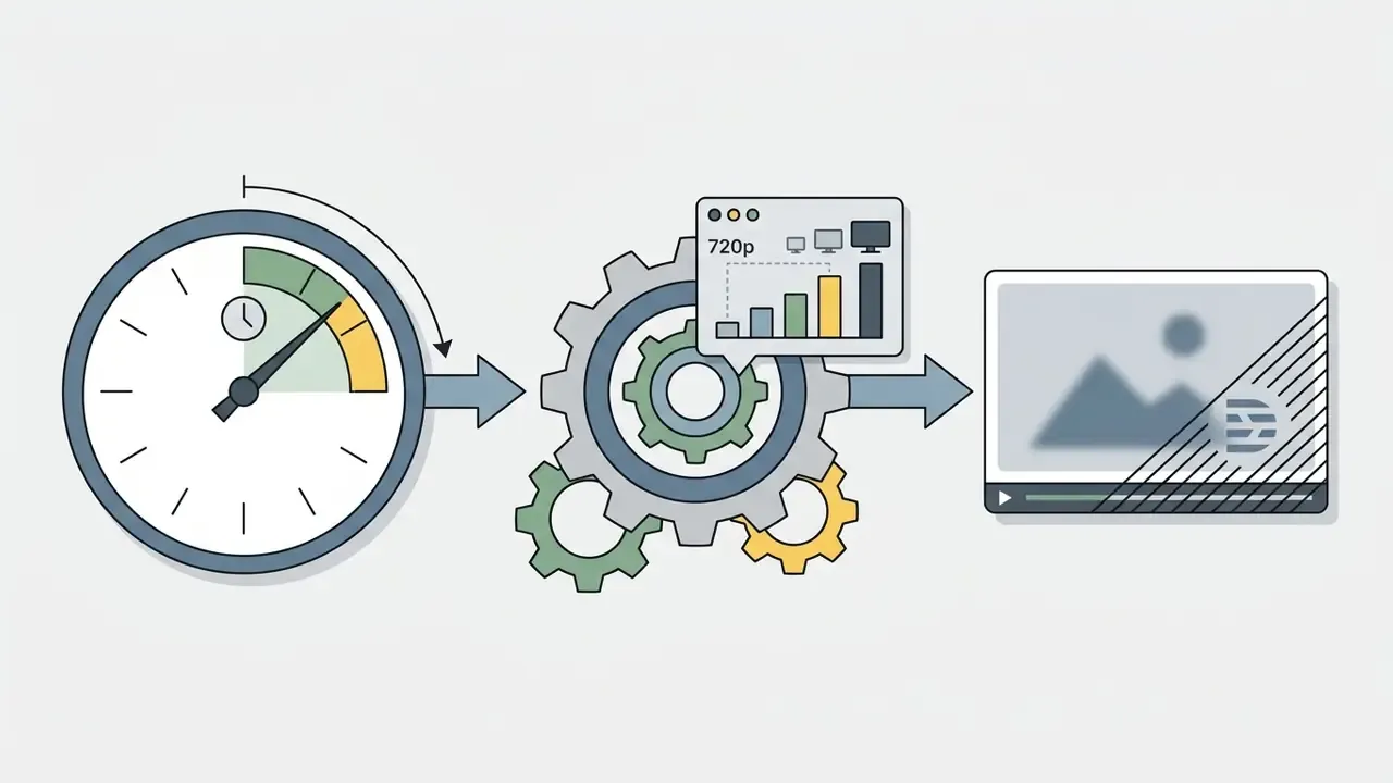 Clock showing limited time leading to gear processing and a watermarked video export