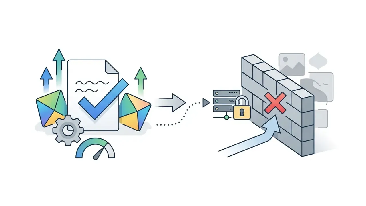 Document with a checkmark moving toward a server and a brick wall blocking access to digital assets