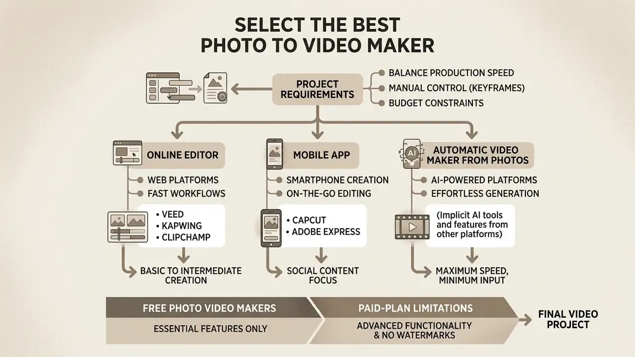 Infographic comparing online, mobile, and AI tools for creating videos from photos based on project needs