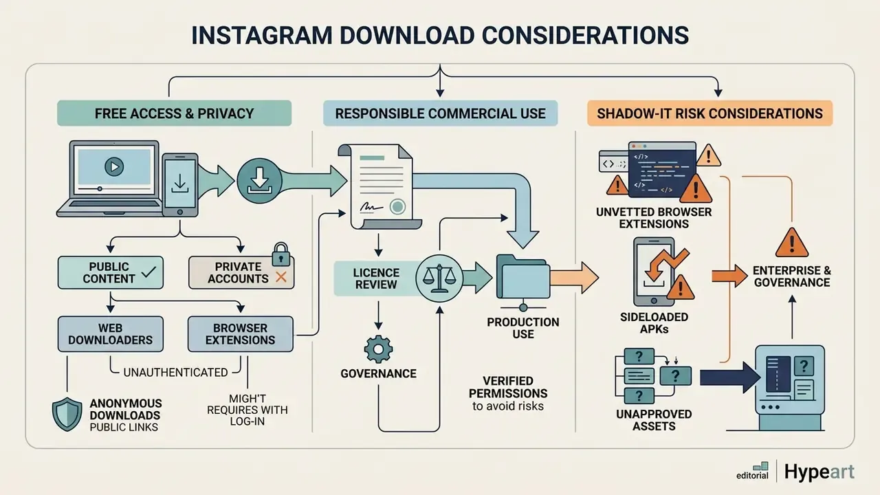 Flowchart detailing privacy, commercial licensing, and security risks associated with media downloads