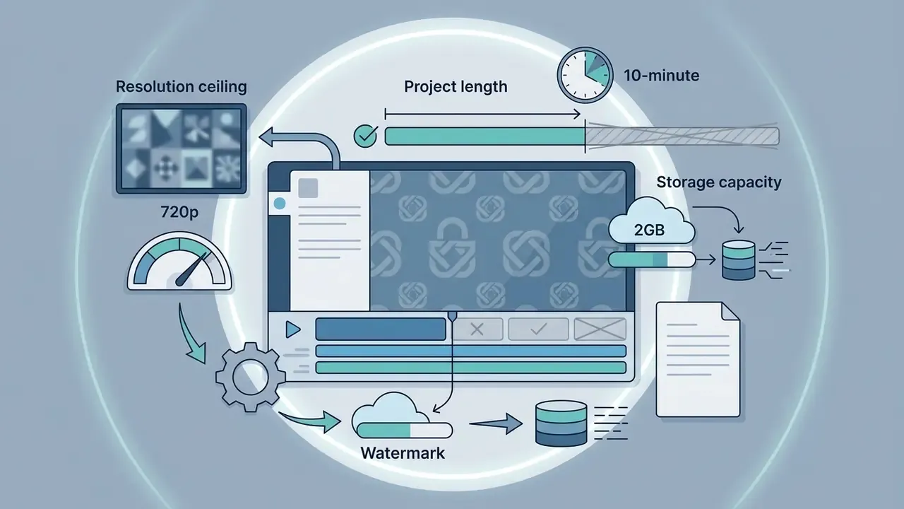 Diagram showing video editor constraints like 720p resolution, 10-minute project length, and 2GB storage