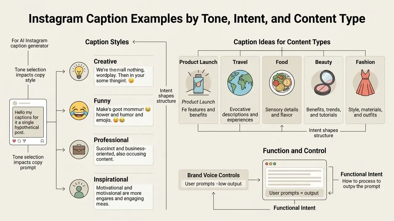 Categorized layout showing how tone and content type influence generated social media text