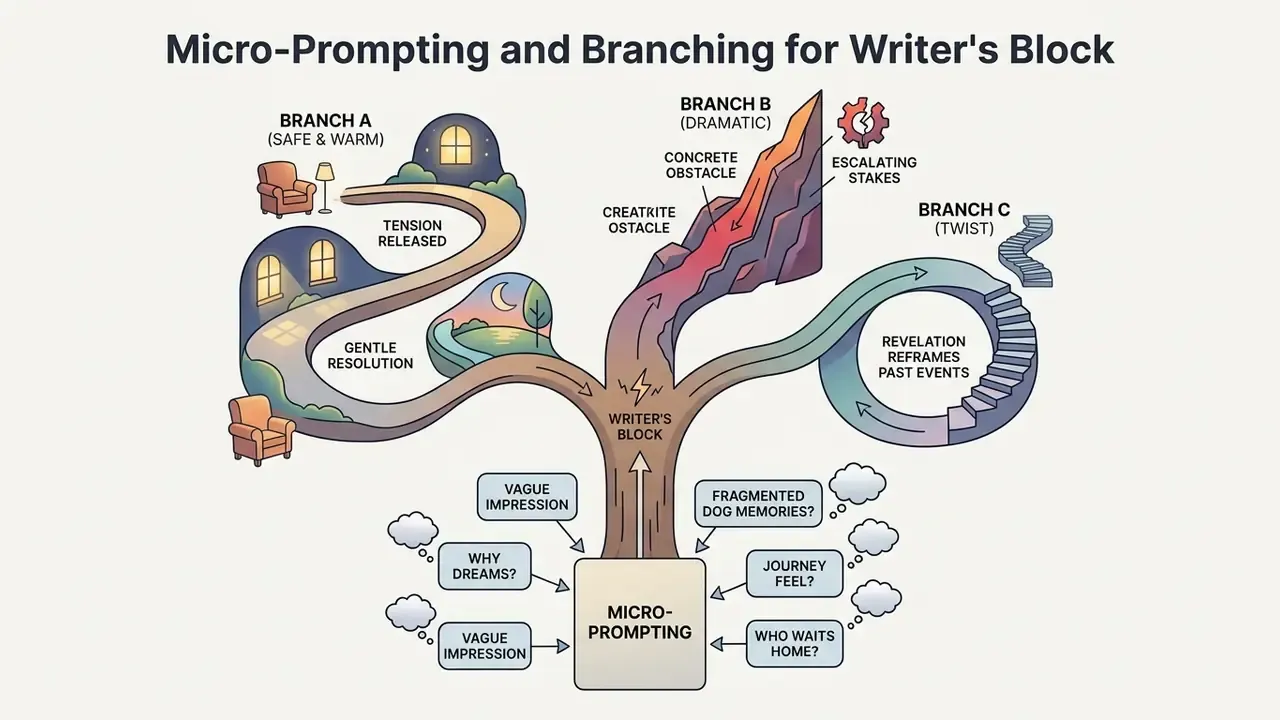 Diagram showing micro-prompting methods branching into three distinct narrative paths for story development