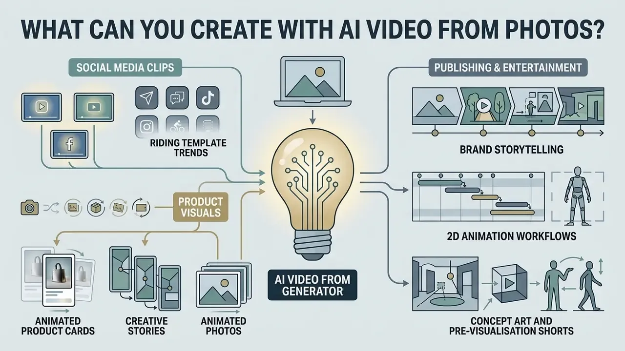 Central lightbulb icon connecting inputs to diverse media outputs like social clips and animated stories