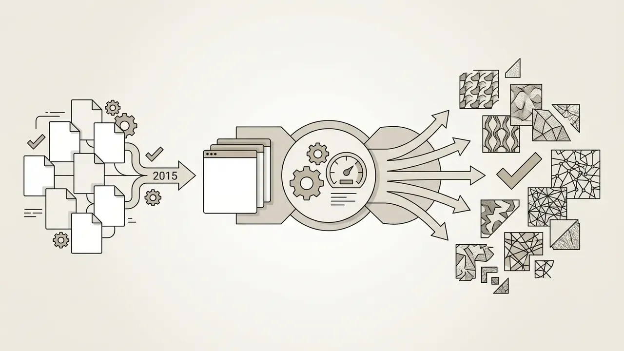 Documents feeding into a central processor that outputs various abstract patterns and geometric designs