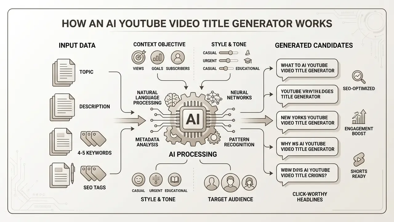 Flowchart illustrating how input data feeds into an AI engine to produce optimized video title candidates