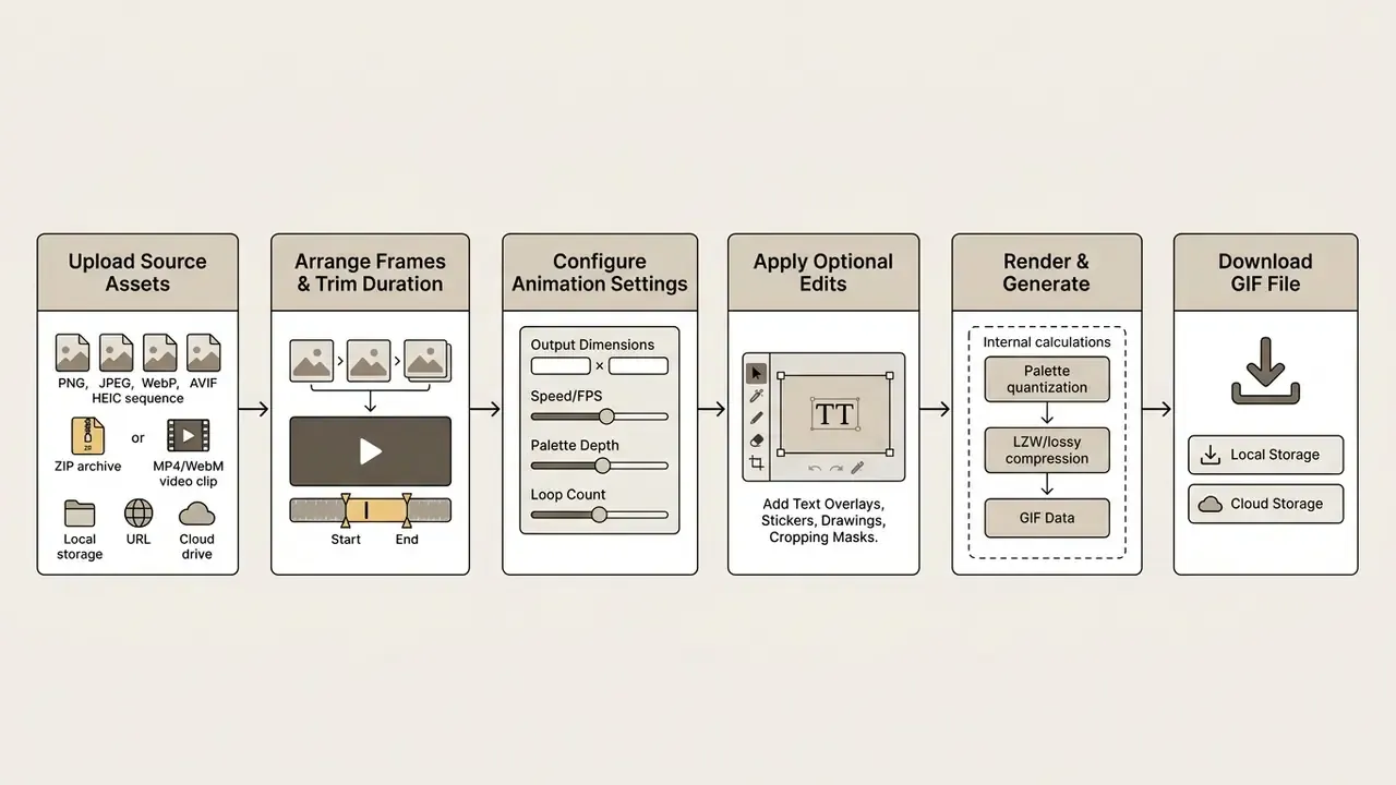 Step-by-step diagram showing the workflow of a gif animation maker from asset upload to final download