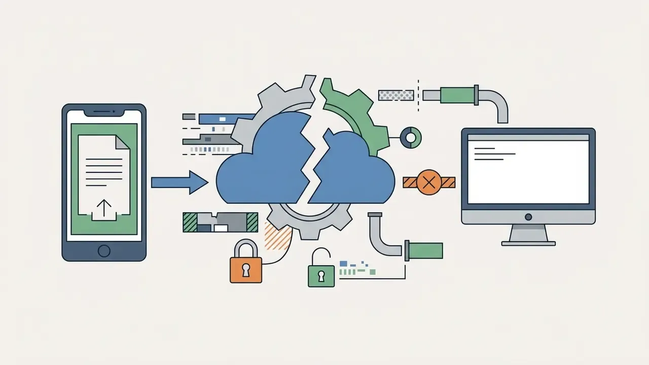 Smartphone sending data to a fractured cloud gear processor that fails to connect to a desktop computer