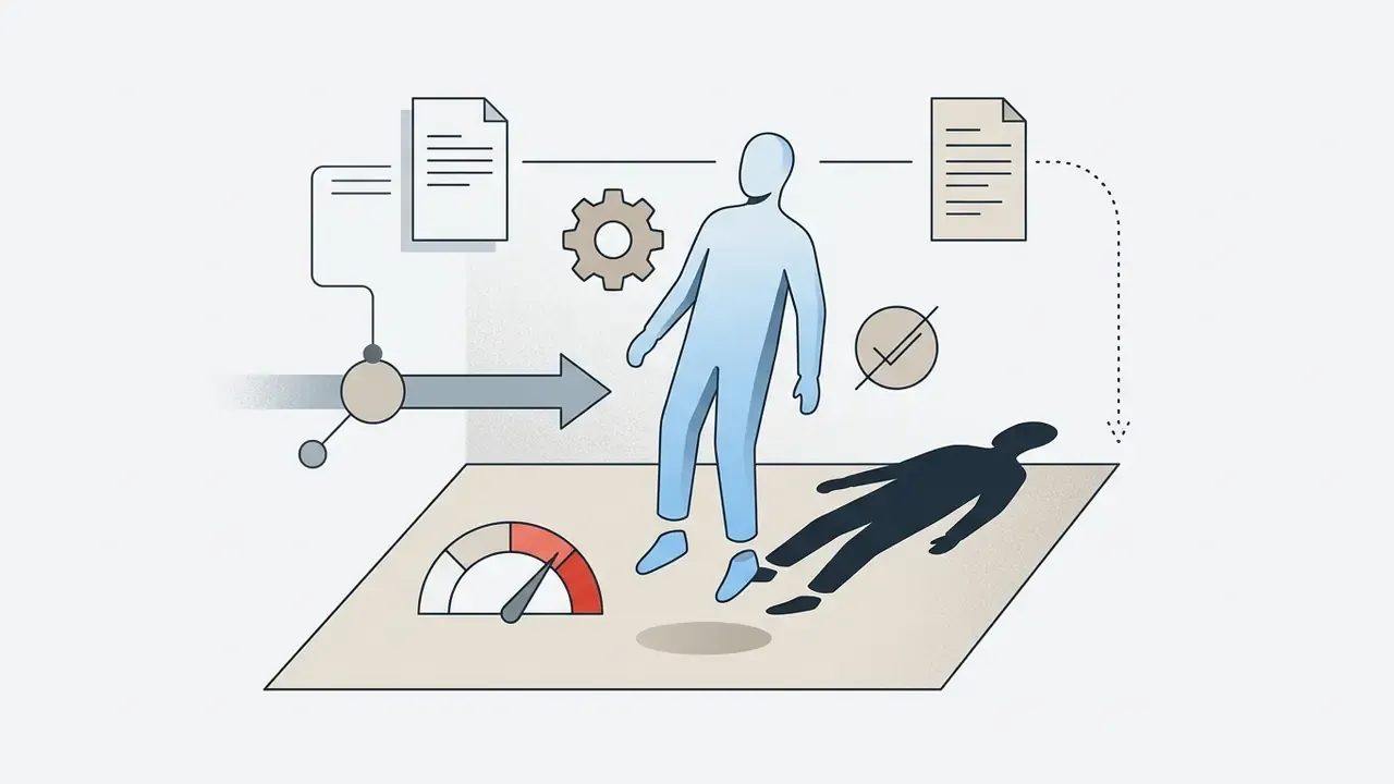 Human figure floating above a surface with a mismatched shadow and a gauge indicating an editing error