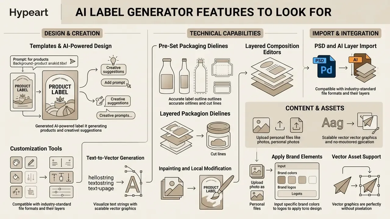 Infographic detailing technical features, editor capabilities, and export flexibility for an AI label generator