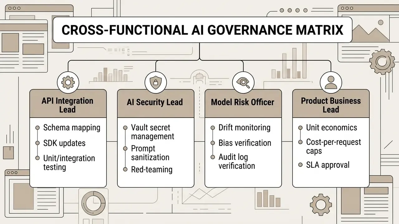 Matrix chart outlining responsibilities for API integration, security, risk management, and business leads