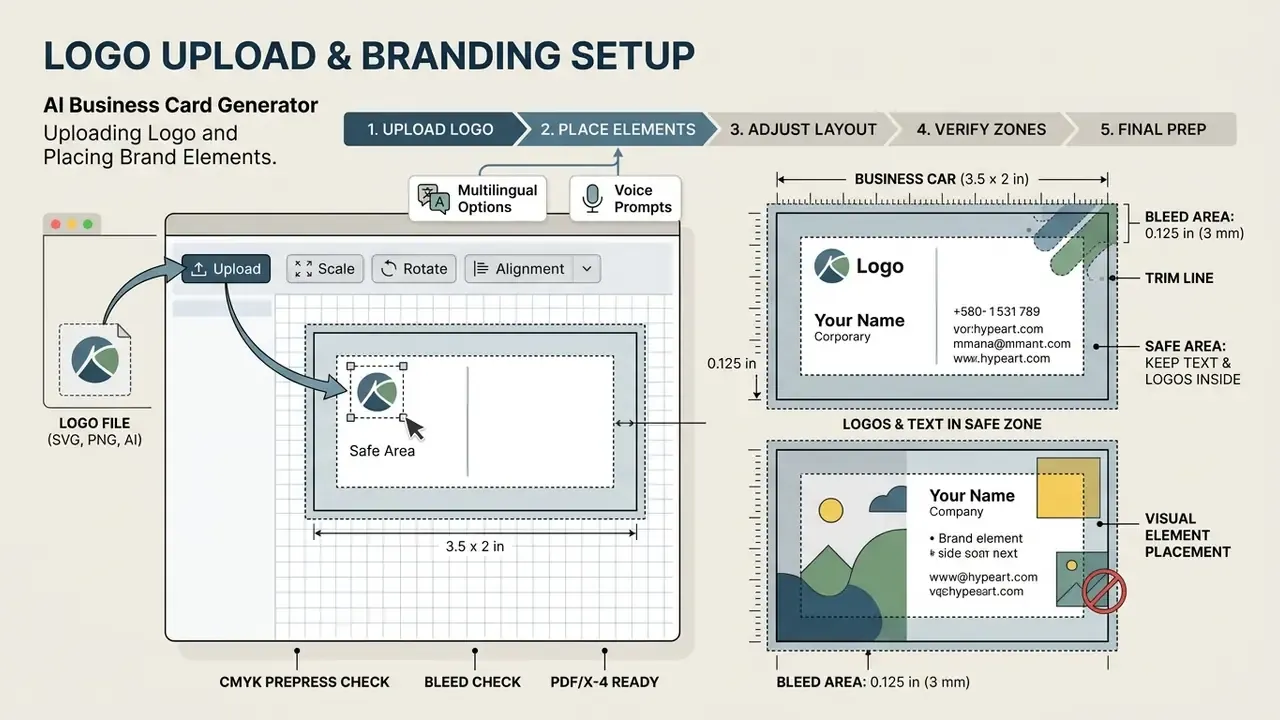 Diagram showing logo placement within safe zones and bleed areas for professional print production