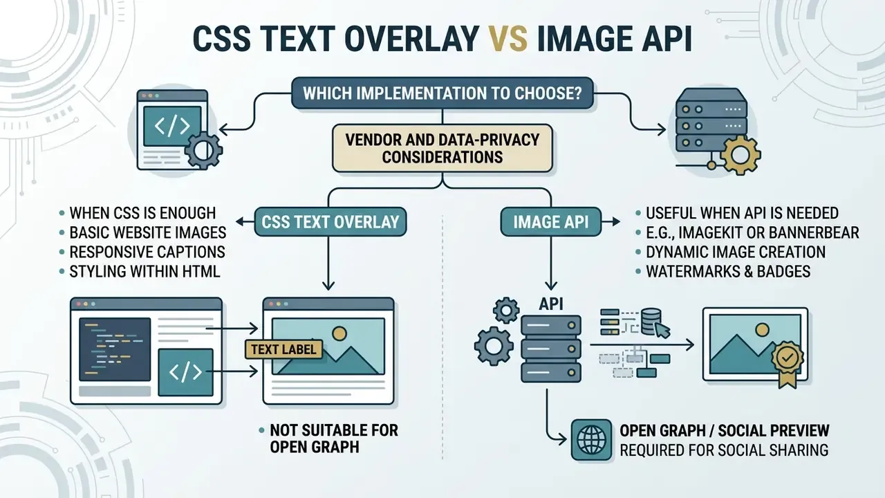 Comparison chart evaluating when to use CSS text overlay versus an image API for web projects